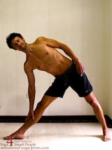 Entering into triangle pose starting with feet separated with one foot turned out 90 degrees and the other foot turned in with the pelvis tilted towards the turned out foot. Sensational Yoga Poses Neil Keleher