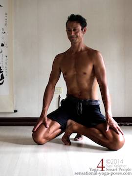 A prep pose for janu sirsasana c is to knee with toes tucked and with one leg pointed outwards with the foot of that leg against the inner thigh of the other leg. This pose is made possible by the ability of the shin to rotate relative to the thigh while the knee is bent.  Neil Keleher. Sensational Yoga Poses.