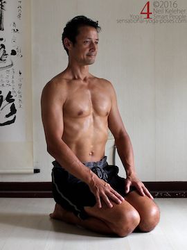 kneeling and sitting upright as a preparation for yoga lotus. Neil Keleher. Sensational Yoga poses.