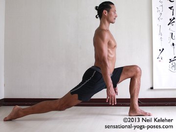 In high lunge back bending yoga pose, reach one leg back while standing. Reach toes back so that top of floor is flat on the floor (or tuck toes under, not shown). Bend the front knee and sink the pelvis down. Separate the feet far enough that the front shin is nearly vertical. Torso upright, sink the hips to stretch the front of the hip. Arms can hang down or then can reach up and back (not shown.) Neil Keleher. Sensational Yoga Poses.