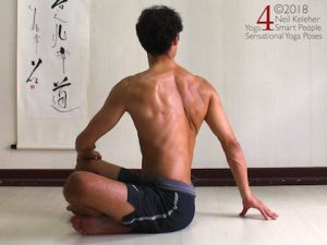 Sitting with legs crossed one hand is placed on the opposite knee. The other hand is on the floor just behind the body. Both arms are being used to turn the ribcage to one side, twisting the spine. Neil Keleher. Sensational Yoga Poses.