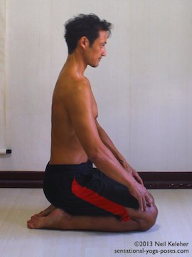 gradual quad stretch while kneeling, ankle stretch, hero pose variation, hero pose for beginners