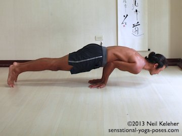 Mayurasana yoga pose. In this yoga pose, hands are on the floor with fingers pointing backwards. Elbows are bent and are close enough together that the stomach can be placed on top of them. Stomach muscles (abdominals) are engaged. With stomach resting on elbows, move torso and elbows forwards relative to the hands till you the point where both legs and chin can be lifted off of the floor. In this picture my body is forwards so that my toes are just touching the floor but are ready to be lifted. Neil Keleher. Sensational Yoga Poses.