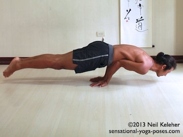 Mayurasana yoga pose. In this yoga pose, hands are on the floor with fingers pointing backwards. Elbows are bent and are close enough together that the stomach can be placed on top of them. Stomach muscles (abdominals) are engaged. With stomach resting on elbows, move torso and elbows forwards relative to the hands till you the point where both legs and chin can be lifted off of the floor. In this picture toes are lifted a few inches off of the floor. Neil Keleher. Sensational Yoga Poses.