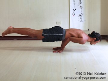 Mayurasana yoga pose. In this yoga pose, hands are on the floor with fingers pointing backwards. Elbows are bent and are close enough together that the stomach can be placed on top of them. Stomach muscles (abdominals) are engaged. With stomach resting on elbows, move torso and elbows forwards relative to the hands till you the point where both legs and chin can be lifted off of the floor. In this pose legs and torso are horizontal. Neil Keleher. Sensational Yoga Poses.