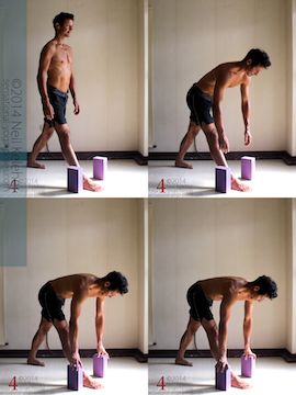 beginners yoga routine posture: Parsvottanasna/Triangle Forward Fold Using Yoga Blocks