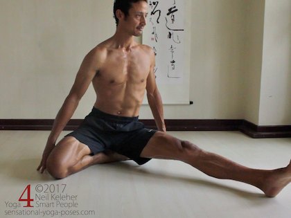 Janu sirsasana B, positioning the foot prior to bending forwards. Neil Keleher. Sensational Yoga Poses.