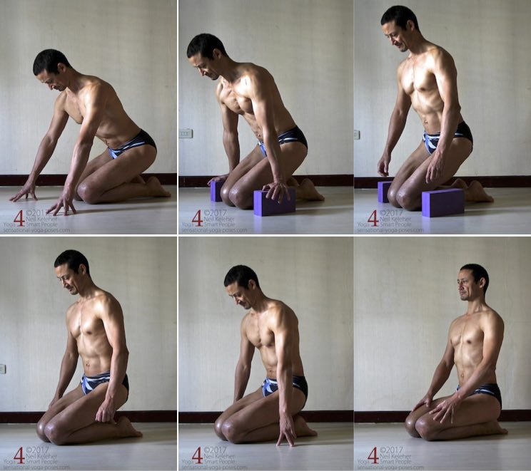 A progression for working towards kneeling, while stretching and strenghtening the quadriceps and knees. Neil Keleher. Sensational Yoga Poses.