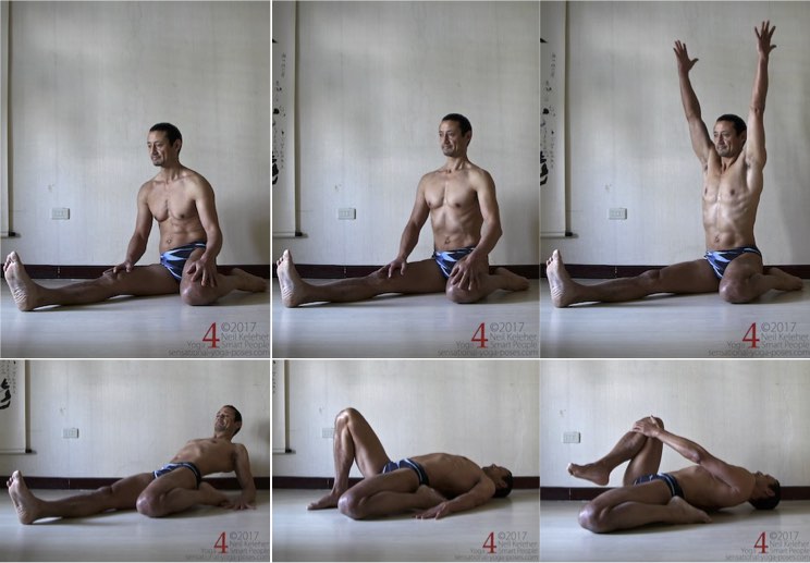 Working towards a lying quadriceps stretch, one leg at a time. Neil Keleher. Sensational Yoga Poses.