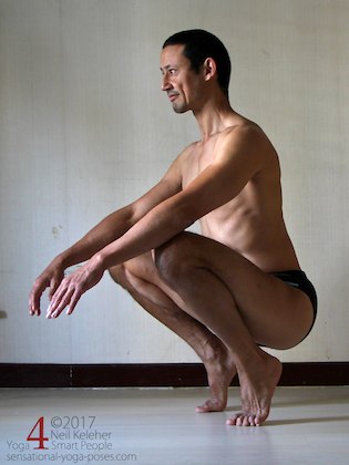 Squatting with heels lifted, an option for stretching your quadriceps. Neil Keleher. Sensational Yoga Poses.