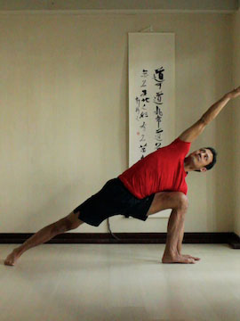 side angle pose (utthitta parsvakonasana) with palm of hand on floor.