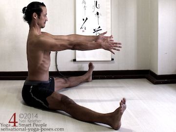 upavistha konasana, seated wide leg forward bend, knees straight, yoga pose preparation, sitting upright