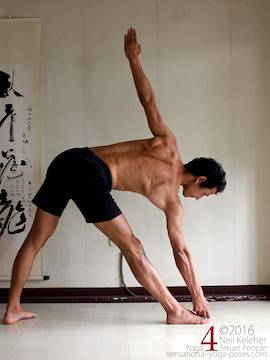 utthita trikonasana (triangle pose), lifting front of foot to grab big toe, Neil Keleher, sensational yoga poses