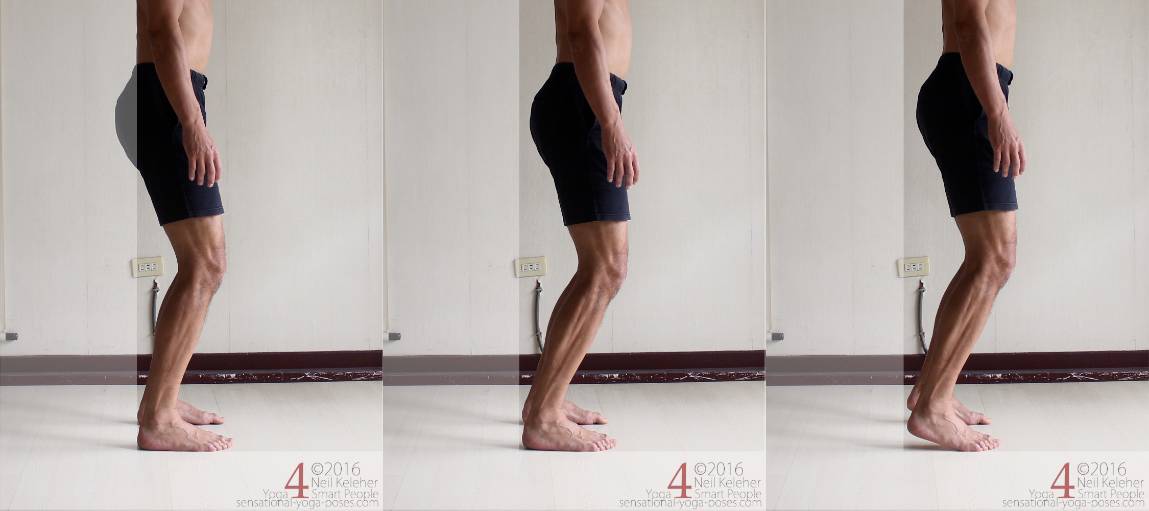 Shift weight forwards so that your forefeet (and toes) press down with greatest pressure. Then lift your heels
