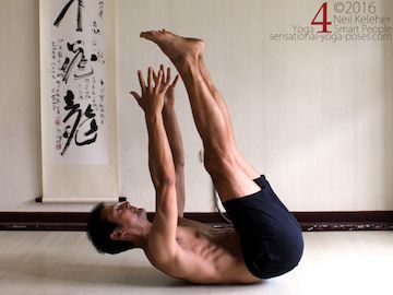 yoga poses for abs: dead dog 2, activated abs to lift pelvis and upper back off of floor. Neil Keleher, sensational yoga poses.