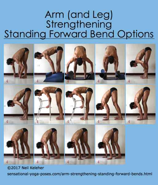 Arm strengthening standing forward bend:  Grabbing your yoga mat and pulling outwards. Neil Keleher. Sensational Yoga Poses.