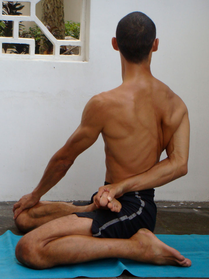 baradvajrasana, sage pose, side view with hand on knee