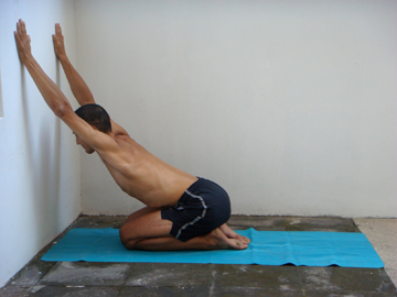Arm stretches: Spiderman arm stretch for the front of the shoulders and chest. Kneeling in front of a wall, hands reach up the wall as high as possible. Chest is leaned forwards towards the wall. Spine is actively bent backwards. Shoulders are also active. Gaze is forwards, towards the wall. Neil Keleher. Sensational Yoga Poses.