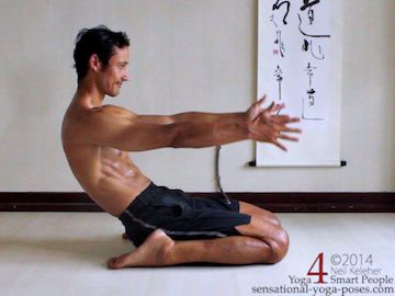 bent back hero pose: torso leaning backwards with buttocks on floor between the heels and spine bent forwards. Sensaitonal yoga poses, neil keleher.