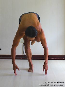balancing on one leg and slowly bending forwards while keeping the lifted knee pulled forwards. This photo shows the finishing position with hands touching the floor. View from the front. Neil Keleher. Sensational Yoga Poses.