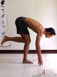 balancing on one leg and slowly bending forwards while keeping the lifted knee pulled forwards. This photo shows the finishing position with hands touching the floor. View from the side. Neil Keleher. Sensational Yoga Poses.