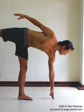 Balancing on one foot while moving into half moon yoga pose (ardha chandrasana. Standing with the foot turned out, turn the pelvis to the front and slowly reach to the floor while lifting the free leg. This picture shows the the finishing position  with weight on one leg pelvis facing the front and bottom hand touching the floor. Torso is below horizontal. Neil Keleher. Sensational Yoga Poses.