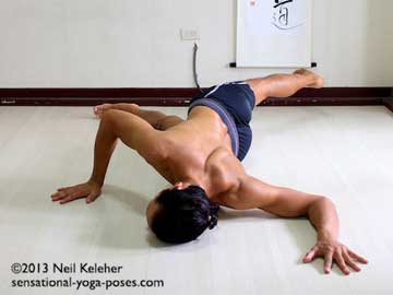 Arm stretchs: Bent Elbow arm stretch for the front of the shoulder and chest. aka bennittasana. Starting prone, one arm is placed out to the side with elbow at shoulder height and bent 90 degrees. Opposite side of body rolls up to stretch the front of the shoulder of that arm. Top leg reaches back to add weight to the stretch.Neil Keleher. Sensational Yoga Poses.