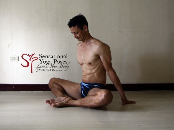 Bound angle with soles of the feet turned upwards with the aid of tibialis anterior. Bound angle with soles of the feet turned upwards with the aid of tibialis anterior. Neil Keleher. Sensational Yoga Poses.