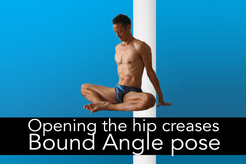 upright bound angle pose with focus on opening the hip creases. Neil Keleher, Sensational Yoga Poses.