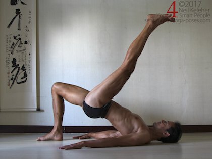 hamstring strengthening exercise: bridge pose with one leg lifted. Neil Keleher. Sensational Yoga Poses.