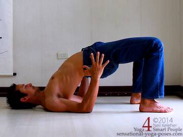 bridge yoga pose, back bending yoga poses, leg strenghtening yoga poses, energizing poses, yoga postures, spinal back bends, neil keleher