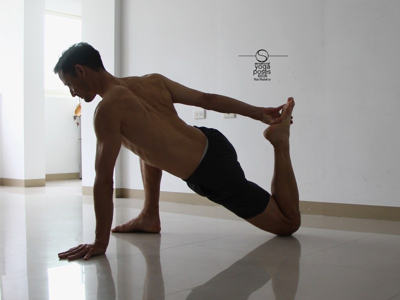 quad stretch variation, lunging with back foot grabbed by opposite hand. Neil Keleher, Sensational Yoga Poses.