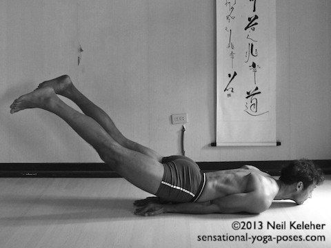 In double leg locust yoga pose, (dwi pada shalabasana, lay with the forearms underneath the pelvis with palms facing down. Push your pelvis down onto your hands to lift the legs. Keep the knees straight. The more you press down the higher the legs will lift in this prone backbending yoga pose. Neil Keleher. Sensational Yoga Poses.