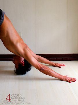 downward dog with knees straight and top of the head nearly touching the floor. In this pose the focus is on moving the shoulder blades towards the head and also on using the deltoids to bend the shoulder backwards with the arms over the head. Yoga shoulder stretches. Neil Keleher. Sensaitonal Yoga Poses.