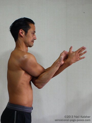 eagle pose arms, with forearms forwards, eagle pose.