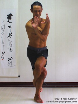 Sensational Yoga Poses, Model Neil Keleher. balancing on one leg with the legs in eagle position as I cross the elbows and get ready to complete eagle position with the arms.