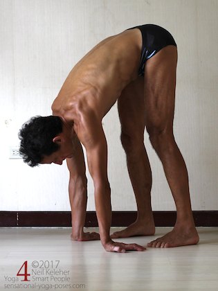 Arm strengthening standing forward bend:  pushing into hands with fingers outwards. Neil Keleher. Sensational Yoga Poses.