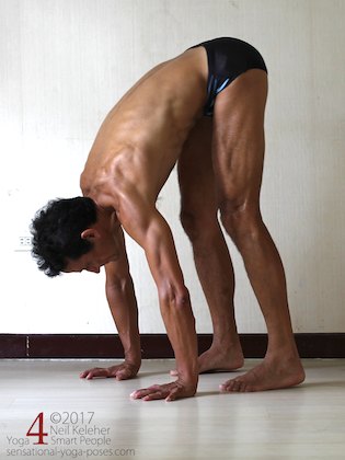 Arm strengthening standing forward bend: pushing into hands with fingers forwards. Neil Keleher. Sensational Yoga Poses.