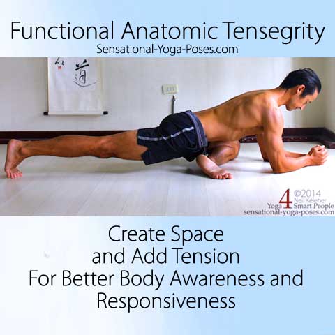 Functional Anatomic Tensegrity: Create Space, Add Tension for better body awareness and responsiveness. Sensational Yoga Poses, Neil Keleher. Pigeon pose with elbows on the floor and back knee lifted (toes tucked under.)
