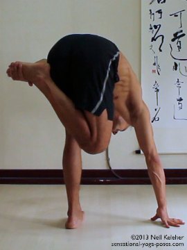 Sensational Yoga Poses, Model Neil Keleher. balancing on one leg with the other knee bent and the hand holding on the foot with the lifted leg externall rotated. I'm grabbing the foot with the opposite hand. One hand is on the floor.