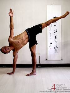 Half moon pose (ardha chandrasana) with weight on one leg, one hand touching the floor. Free leg is straight and lifted in line with torso. Free arm is reaching straight upwards. Gaze is upwards. Neil Keleher. Sensational Yoga Poses.