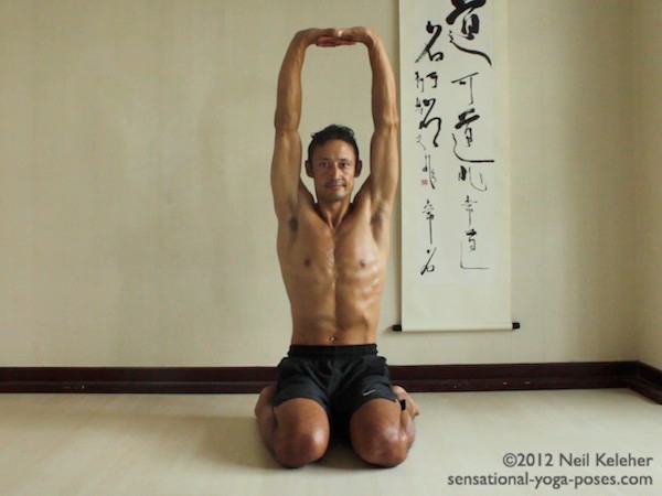 hero pose quad stretch, yoga pose, yoga stretch, lying quadriceps stretch.
