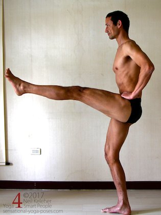 Hip flexor strengthening exercise, standing knee lift with knee straight. Neil Keleher. Sensational Yoga Poses.