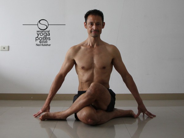 Shoelace is a stretch for the muscles that work on the IT band. You can sit upright in to do this stretch as shown, with one leg crossed over the other with the knees as close together as possible and both feet on the floor on either side of the hips.  Neil Keleher, Sensational Yoga Poses.