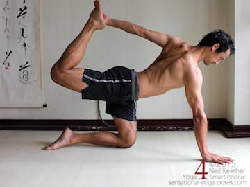 hip flexor stretches, extended cat pose variation with lifted knee bent and opposite hand grabbing ankle. Neil keleher, sensational yoga poses.
