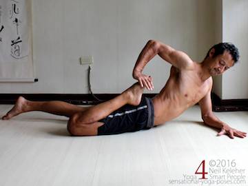 frog pose quad stretch variation, stretching one leg at a time. Neil Keleher, Sensational Yoga Poses.