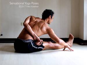 Half Bound lotus, standing forward bend. Neil Keleher, Sensational Yoga Poses.