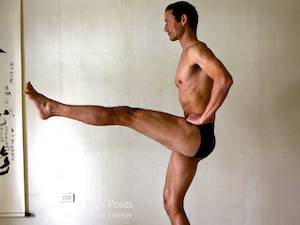 Standing knee lift, to may tensor fascia latae activation easier, engage vastus lateralis. Neil Keleher. Sensational Yoga Poses.