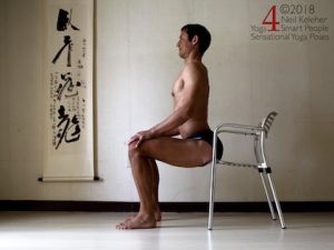 Spinal back bend while sitting on the edge of a chair. This is a good option if you aren't comfortable kneeling and if you have difficulty tilting your pelvis forwards while sitting cross legged. Neil Keleher. Sensational Yoga Poses.