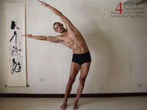 Standing side bend with spine bent to the left and hips pushed to the right, arms overhead. Neil Keleher, Sensational Yoga poses.